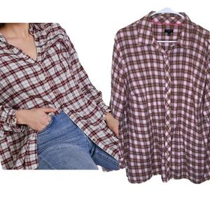 Talbots Plus Pink Plaid Cotton Button Down Blouse 2X